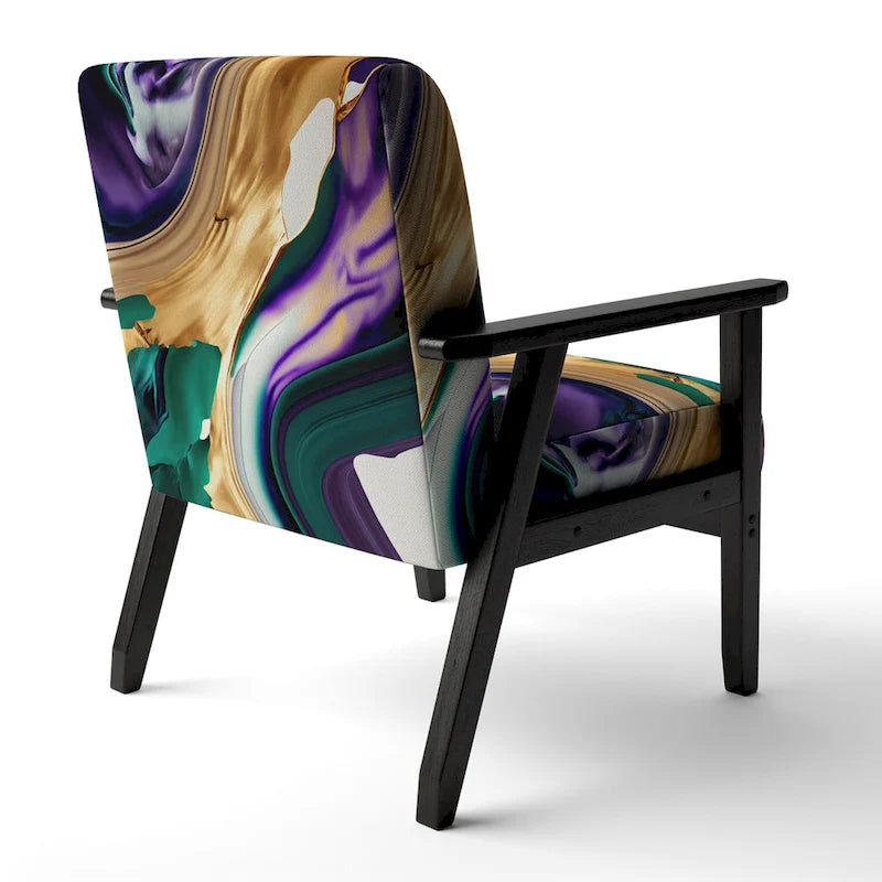 Fauteuil d'appoint rembourré moderne, Imprimé abstrait audacieux violet vert or, Style contemporain
