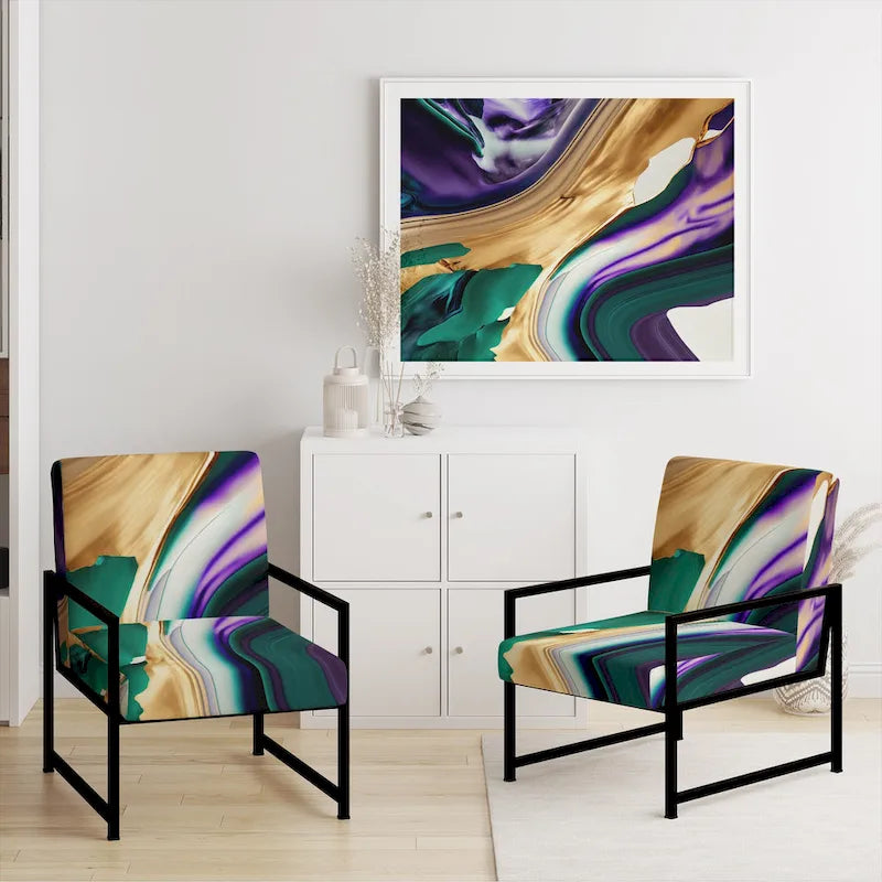 Fauteuil d'appoint rembourré moderne, Imprimé abstrait audacieux violet vert or, Style contemporain