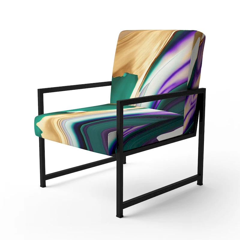 Fauteuil d'appoint rembourré moderne, Imprimé abstrait audacieux violet vert or, Style contemporain