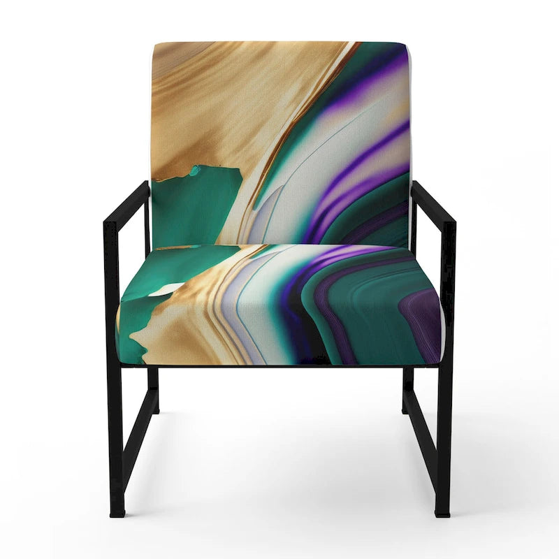 Fauteuil d'appoint rembourré moderne, Imprimé abstrait audacieux violet vert or, Style contemporain