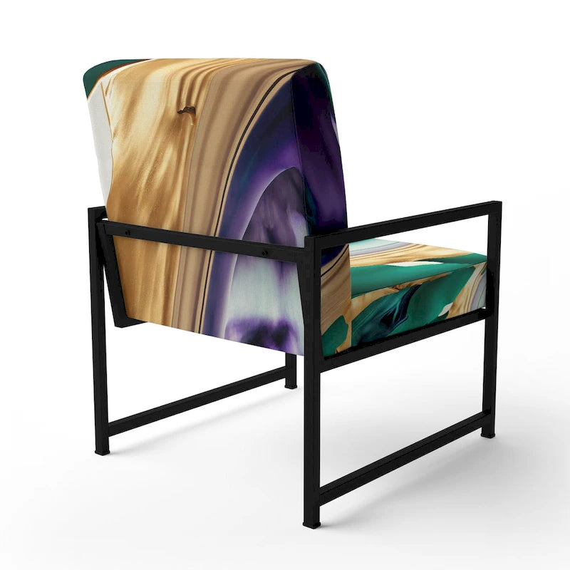 Fauteuil d'appoint rembourré moderne, Imprimé abstrait audacieux violet vert or, Style contemporain