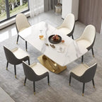 Table de salle à manger de 180 cm, Table de salle à manger moderne pour 8 personnes, en pierre frittée blanc antique avec pied piédestal en acier inoxydable doré