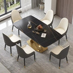 Table de salle à manger de 180 cm, Table de salle à manger moderne pour 8 personnes, en pierre frittée blanc antique avec pied piédestal en acier inoxydable doré