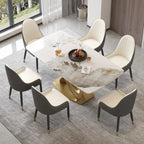 Table de salle à manger de 180 cm, Table de salle à manger moderne pour 8 personnes, en pierre frittée blanc antique avec pied piédestal en acier inoxydable doré