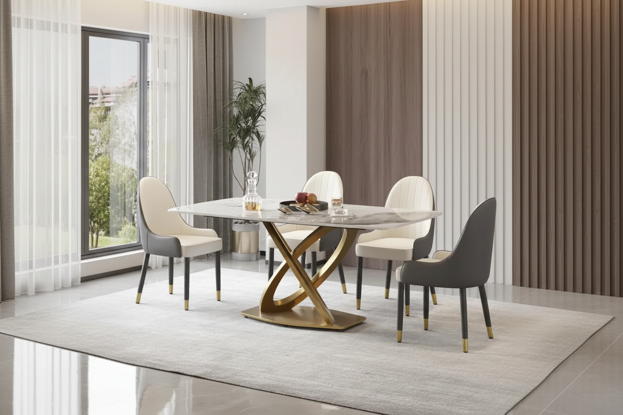 Table de salle à manger de 180 cm, Table de salle à manger moderne pour 8 personnes, en pierre frittée blanc antique avec pied piédestal en acier inoxydable doré