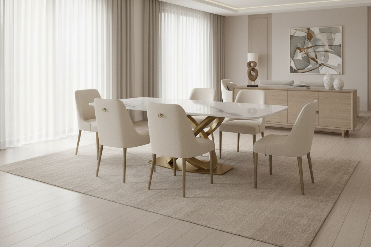 Table de salle à manger de 180 cm, Table de salle à manger moderne pour 8 personnes, en pierre frittée blanc antique avec pied piédestal en acier inoxydable doré