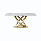 Table de salle à manger de 180 cm, Table de salle à manger moderne pour 8 personnes, en pierre frittée blanc antique avec pied piédestal en acier inoxydable doré