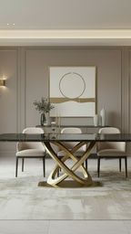 Table de salle à manger de 180 cm, Table de salle à manger moderne pour 8 personnes, en pierre frittée blanc antique avec pied piédestal en acier inoxydable doré