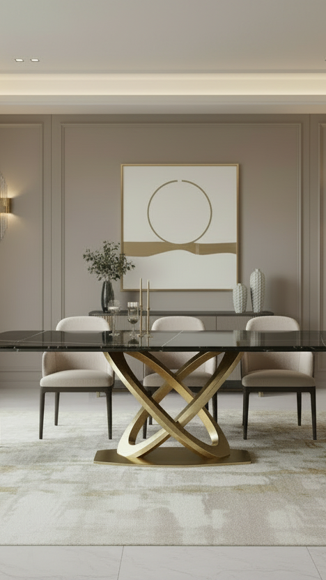 Table de salle à manger de 180 cm, Table de salle à manger moderne pour 8 personnes, en pierre frittée blanc antique avec pied piédestal en acier inoxydable doré