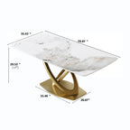 Table de salle à manger de 180 cm, Table de salle à manger moderne pour 8 personnes, en pierre frittée blanc antique avec pied piédestal en acier inoxydable doré