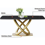 Table de salle à manger de 180 cm, Table de salle à manger moderne pour 8 personnes, en pierre frittée blanc antique avec pied piédestal en acier inoxydable doré