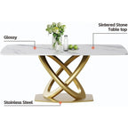 Table de salle à manger de 180 cm, Table de salle à manger moderne pour 8 personnes, en pierre frittée blanc antique avec pied piédestal en acier inoxydable doré