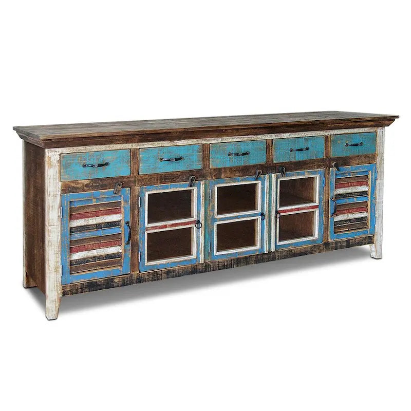 Buffet de salle à manger avec portes persiennes en bois massif de 82 pouces, Grand meuble de rangement