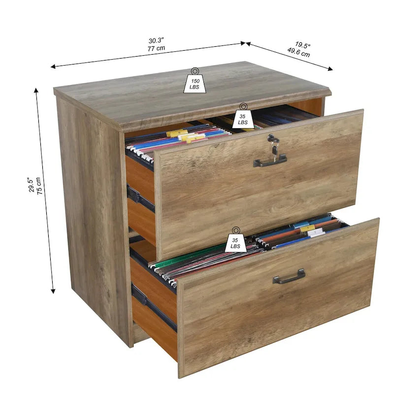 Classeur latéral à 2 tiroirs, style Honduras, rangement de dossiers pour bureau à domicile, format lettre et légal