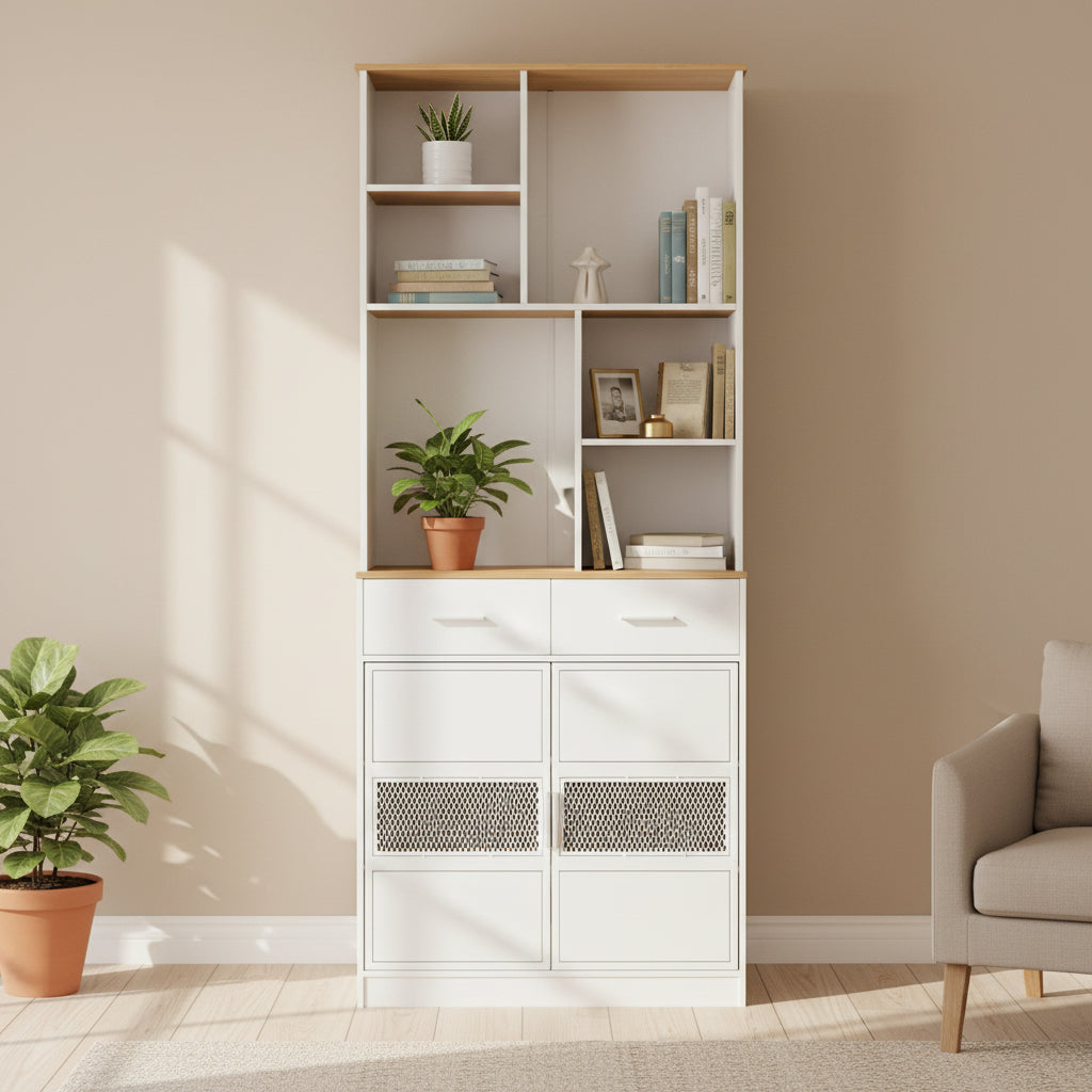 Meuble de rangement haut sur pied de 183 cm pour la cuisine, la salle de bain, le salon, blanc